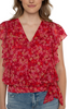Image of Liverpool Draped Front Ruffle Sleeve Top with Waist Tie - Berry Blossom Floral