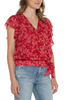Image of Liverpool Draped Front Ruffle Sleeve Top with Waist Tie - Berry Blossom Floral