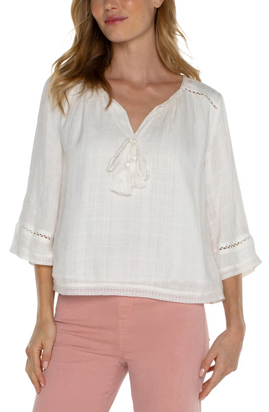 Liverpool Lace Detail Tie Front Shirred Top - Off White