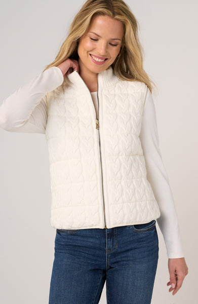 Liverpool Reversible Zip Front Closure Quilted Cable Knit Sweater Vest - Cream