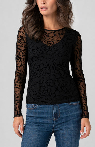 Liverpool Long Sleeve Layered Mesh Knit Top - Black Roses
