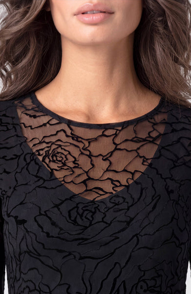 Liverpool Long Sleeve Layered Mesh Knit Top - Black Roses
