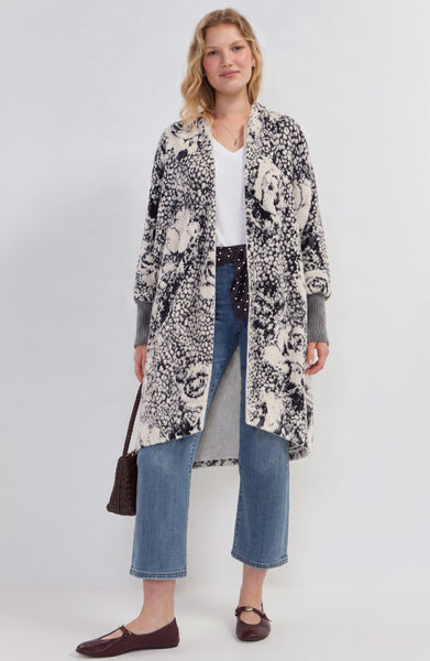 Liverpool Open Front Floral Coatigan Sweater - Bone/Black Floral