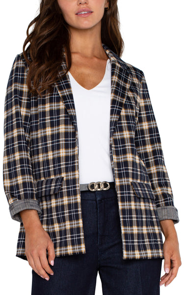 Liverpool Open Front Boyfriend Blazer - Dark Navy Tartan Plaid