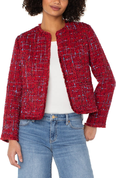 Liverpool Collarless Jacket with Frayed Edges - Red Multi Bouclé