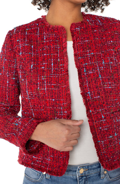 Liverpool Collarless Jacket with Frayed Edges - Red Multi Bouclé