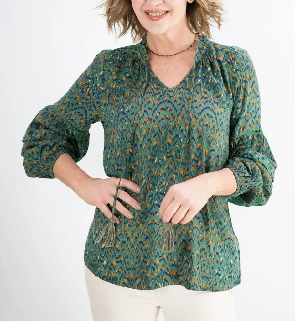 Liverpool Long Sleeve Popover Shirred Blouse - Emerald Ikat