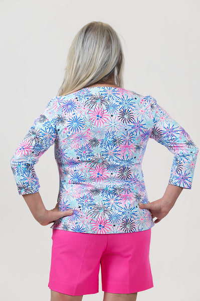 Lulu-B V-Neck Fireworks Print 3/4 Sleeve Top - Multicolor
