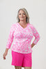 Image of Lulu-B V-Neck Hibiscus Print 3/4 Sleeve Top - Pink/White