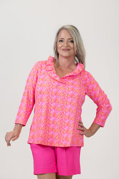 Lulu-B Ruffle Neck Chevron Print Top - Pink/Multicolor