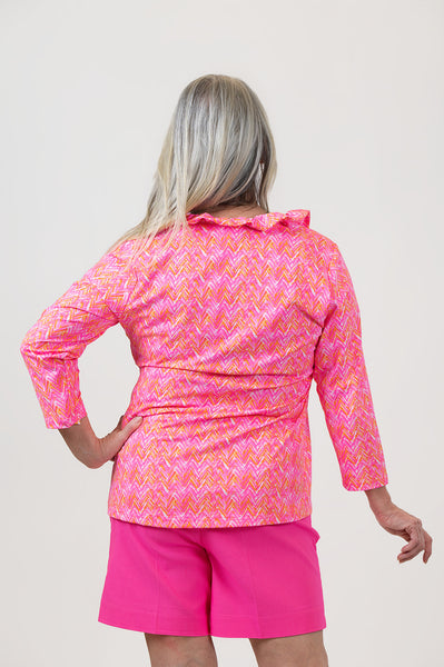 Lulu-B Ruffle Neck Chevron Print Top - Pink/Multicolor