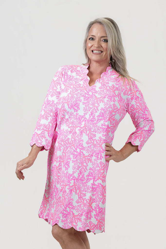 Lulu-B Scallop Trim 3/4 Sleeve Coral Print Dress - Pink/White Rippe's Lulu-B Scallop Trim 3/4 Sleeve Coral Print Dress - Pink/White Rippe's