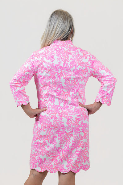 Lulu-B Scallop Trim 3/4 Sleeve Coral Print Dress - Pink/White