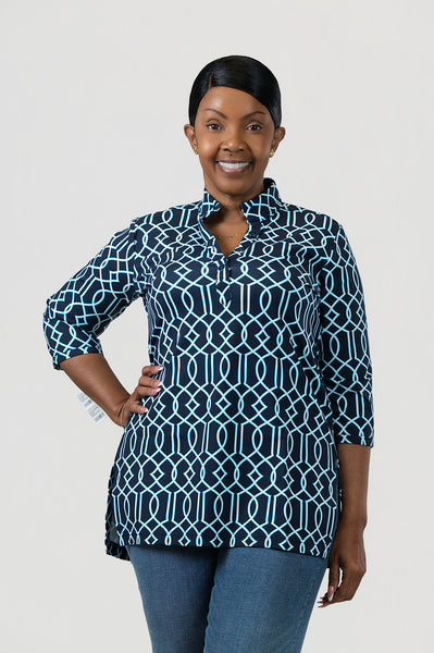 Lulu-B Button V-Neck Tunic - Navy/Multicolor