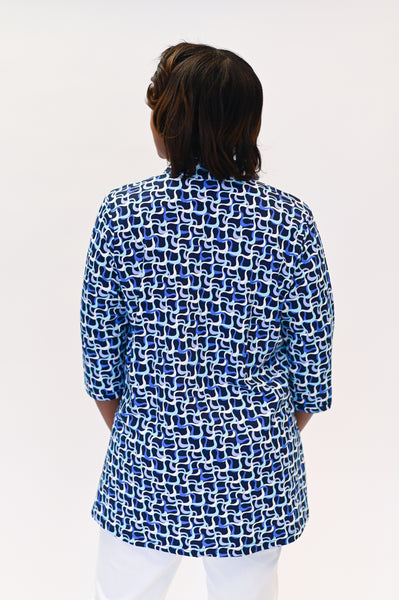 Lulu-B Button V-Neck Geometric Lines Print Tunic - Blue/Multicolor