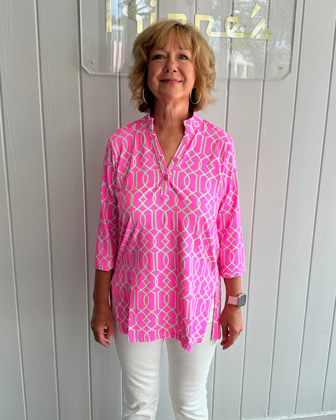 Lulu-B Geometric Print Button V-Neck Tunic - Pink/White/Green