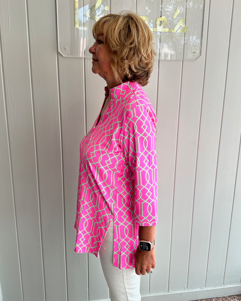 Lulu-B Geometric Print Button V-Neck Tunic - Pink/White/Green