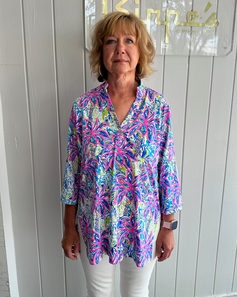 Lulu-B Palm Print Button V-Neck Tunic