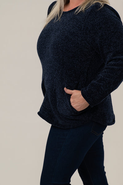 Lulu-B Crew Neck Long Sleeve Chenille Sweater with Pockets - Navy