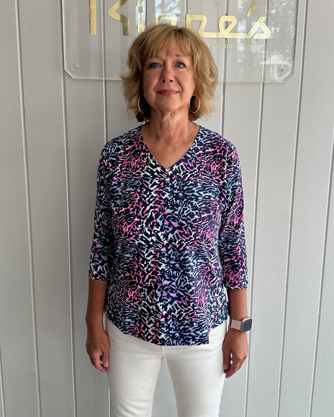 Lulu-B V-Neck Animal Print 3/4 Sleeve Top - Multicolor