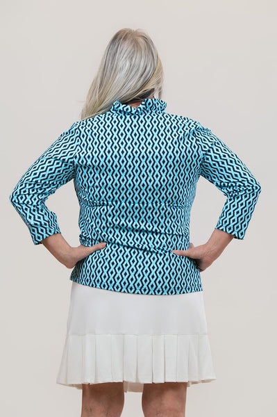 Lulu-B Ruffle Neck Rope Print 3/4 Sleeve Top - Navy/Turquoise