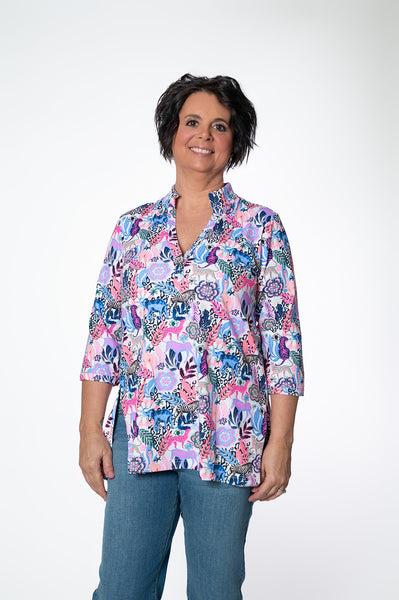 Lulu-B Button V-Neck Jungle Print Tunic - Multicolor
