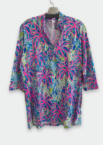 Lulu-B Palm Print Button V-Neck Tunic - Multicolor