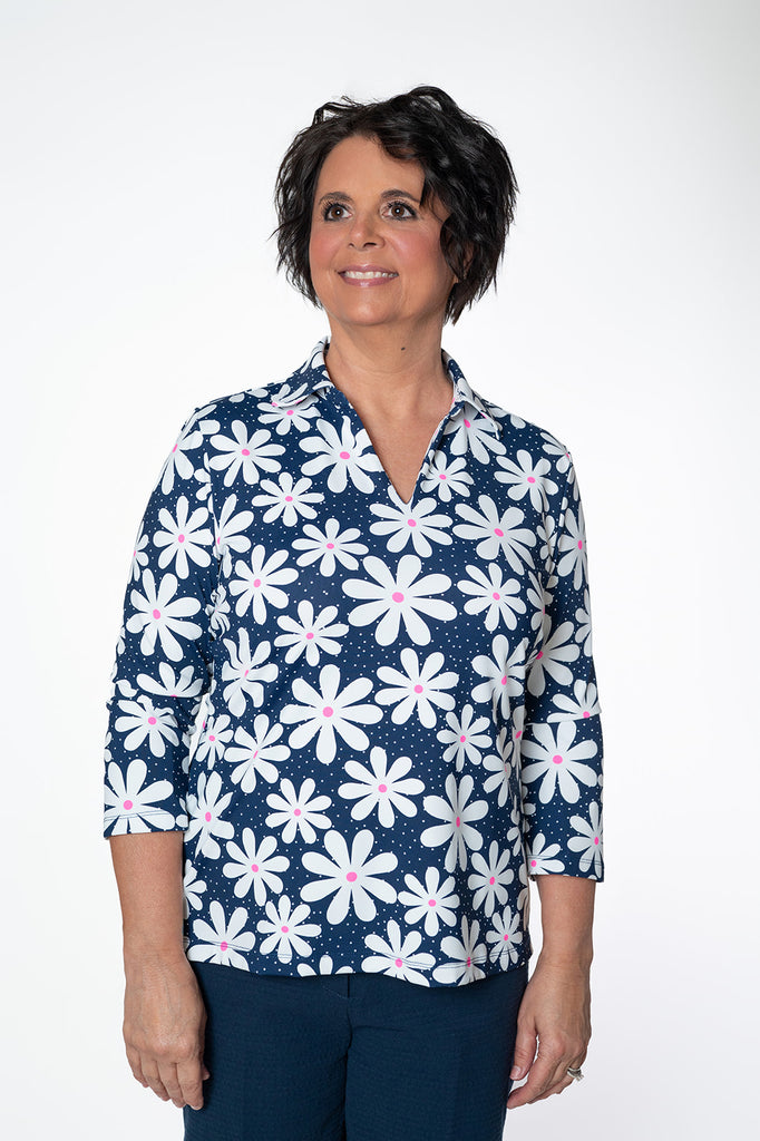 Lulu-B 3/4 Sleeve Polo Collar Daisy Print Top - Navy/White
