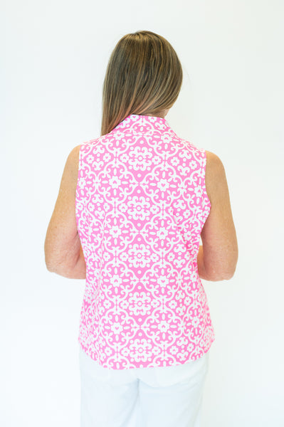 Lulu-B Sleeveless Zip Neck Mandala Print Top - Pink/White
