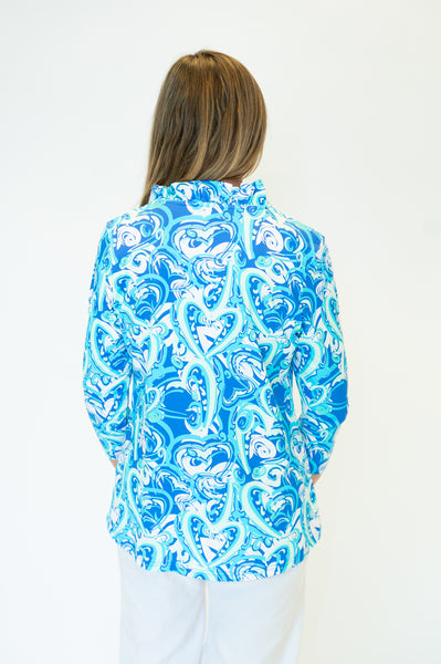 Lulu-B Ruffle Neck Hearts Print 3/4 Sleeve Top- Blue/Multicolor