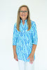 Image of Lulu-B Button V-Neck Vertical Zebra Stripes Print Tunic - White/Turquoise/Blue