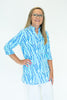 Image of Lulu-B Button V-Neck Vertical Zebra Stripes Print Tunic - White/Turquoise/Blue