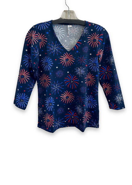 Lulu-B Patriotic Fireworks Print 3/4 Sleeve V-Neck Top - Navy/Multicolor