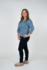 Image of Lulu-B V-Neck Geometric Lines Print 3/4 Sleeve Top - Blue/Multicolor