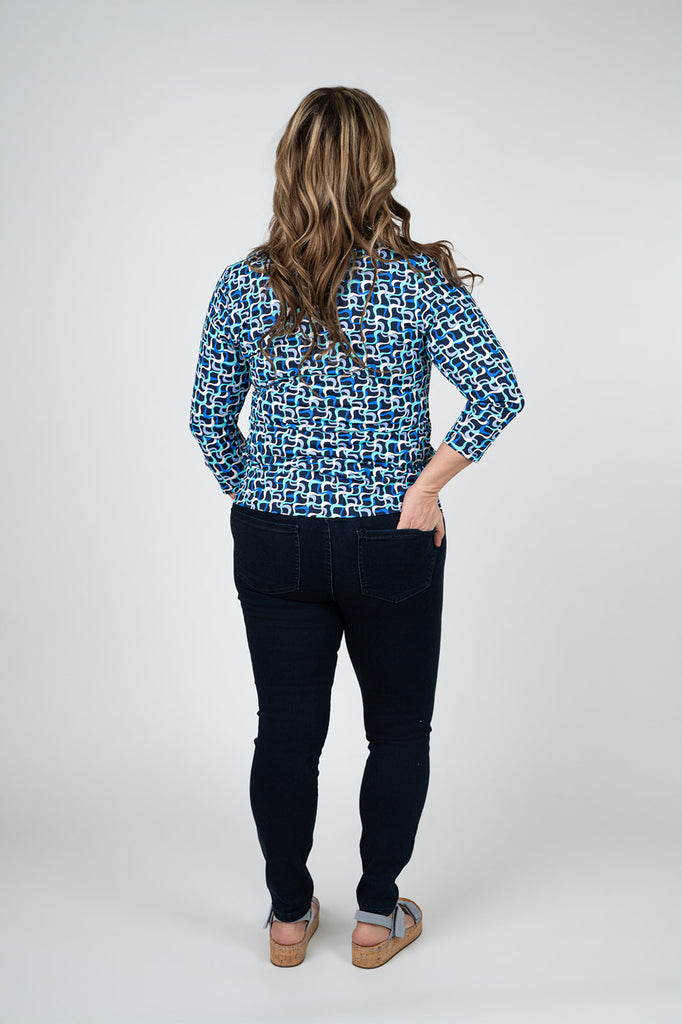 Lulu-B V-Neck Geometric Lines Print 3/4 Sleeve Top - Blue/Multicolor