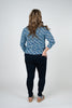 Image of Lulu-B V-Neck Geometric Lines Print 3/4 Sleeve Top - Blue/Multicolor