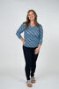 Image of Lulu-B V-Neck Geometric Lines Print 3/4 Sleeve Top - Blue/Multicolor