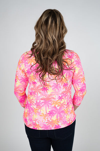 Lulu-B V-Neck Palm Tree Print 3/4 Sleeve Top - Pink/Multicolor