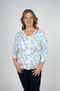 Image of Lulu-B V-Neck Floral Print 3/4 Sleeve Top - White/Multicolor