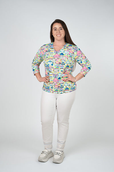 Lulu-B V-Neck House Print 3/4 Sleeve Top - Multicolor