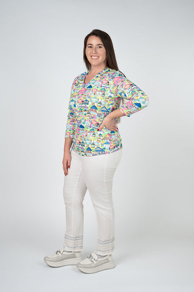 Lulu-B V-Neck House Print 3/4 Sleeve Top - Multicolor
