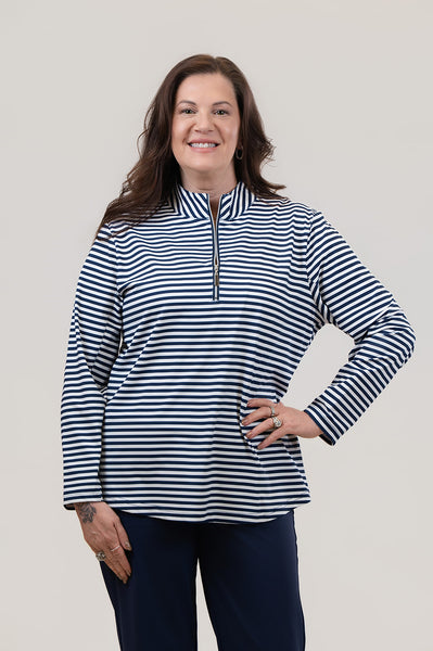 Lulu-B Quarter Zip Stripe Print Long Sleeve Top - Navy/White