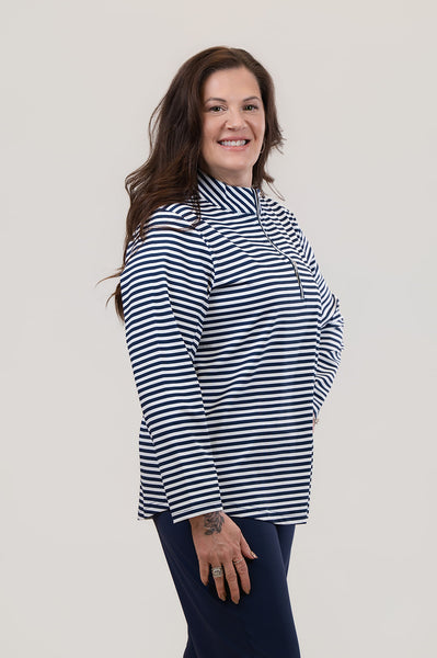 Lulu-B Quarter Zip Stripe Print Long Sleeve Top - Navy/White