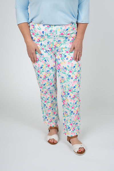 Lulu-B Floral Print Pull On Capri Pants - White/Multicolor