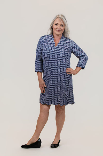 Lulu-B Scallop Trim 3/4 Sleeve Rope Print Dress - Navy/White