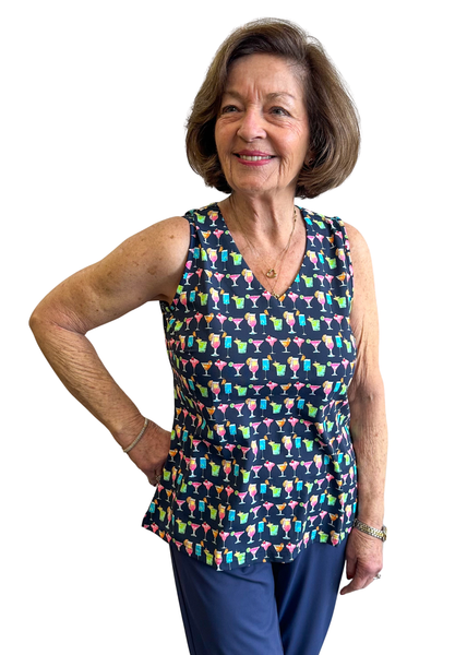 Lulu-B V-Neck Cocktails Print Tank - Navy/Multicolor