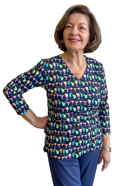 Lulu-B V-Neck Cocktails 3/4 Sleeve Top - Navy/Multicolor