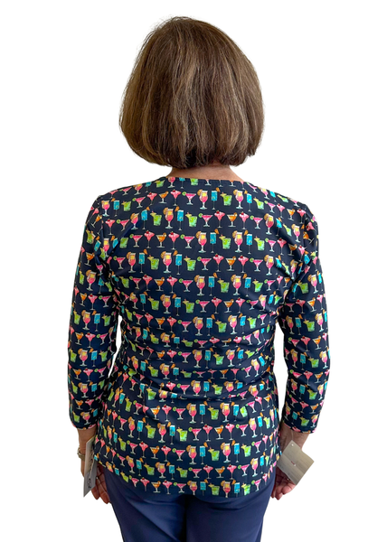 Lulu-B V-Neck Cocktails 3/4 Sleeve Top - Navy/Multicolor