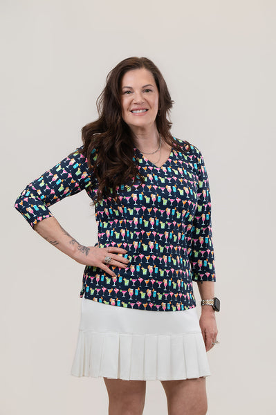 Lulu-B V-Neck Cocktails Print 3/4 Sleeve Top - Navy/Multicolor