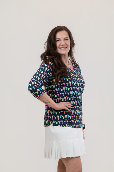 Lulu-B V-Neck Cocktails Print 3/4 Sleeve Top - Navy/Multicolor